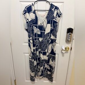 Tori Richard XL Blue & White Abstract Geo-Botanical Shift Dress – Resort Wear